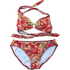 Vintage Lauren Ralph Lauren Bikini Set Red‎ Paisley 90s Y2K Swimwear Boho Size 8
